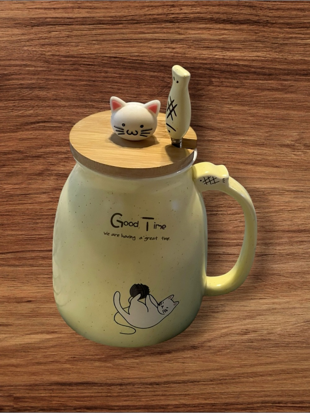 Yellow Cat Ceramic Mug with Lid and Spoon